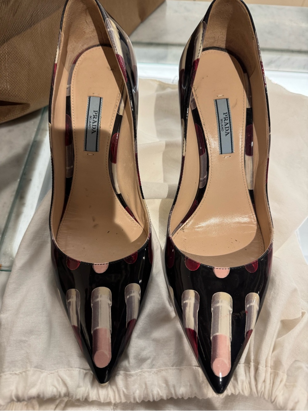 Prada Lipstick Print Patent Leather Pumps